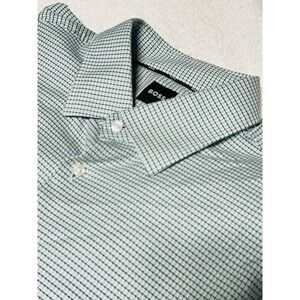 Hugo BOSS Mens Dress Shirt XL 17 Slim Fit Green/Blue/White Micro Check Long Slve